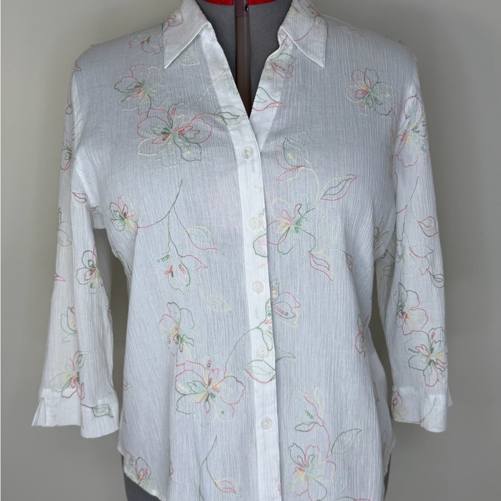 Alfred Dunner Shirt Womens 14 White Pastel Floral Embroidered 3/4 Sleeve Top